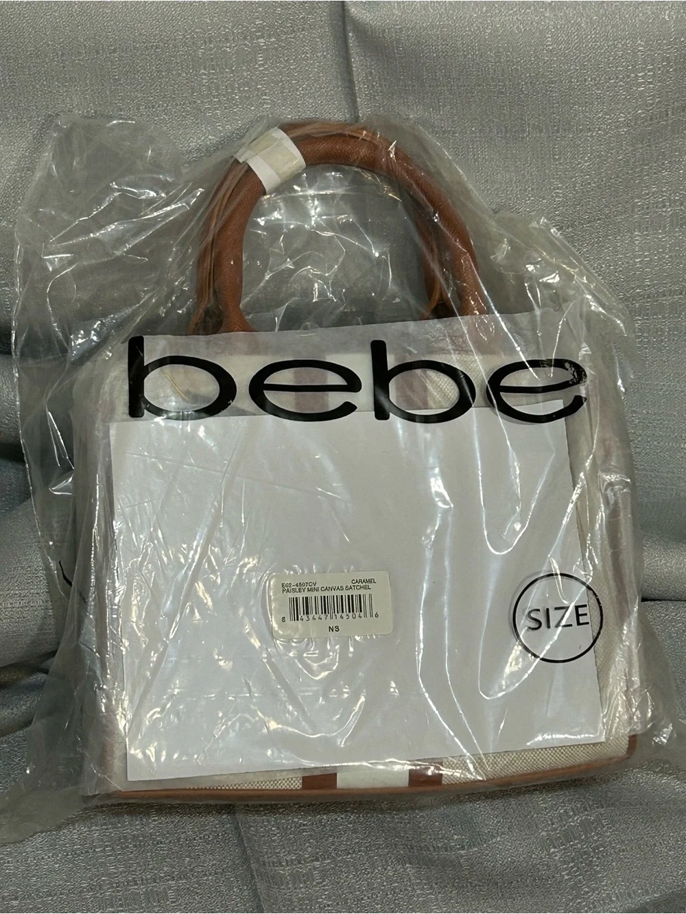 bebe Paisley Mini Canvas Satchel Crossbody Caramel/Cream & Tan with Tan Trim